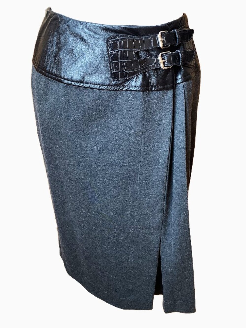 Dean Renwick Couture Grey Ponte Pleated Midi Wrap Skirt Faux Leather Trim M